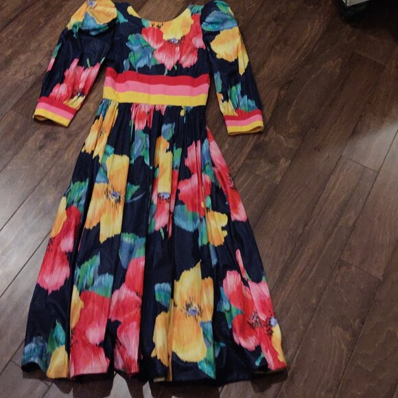 Vintage 1980's Leslie Lucks Floral Midi Navy Blue Dress SIZE 12 - Picture 9 of 9